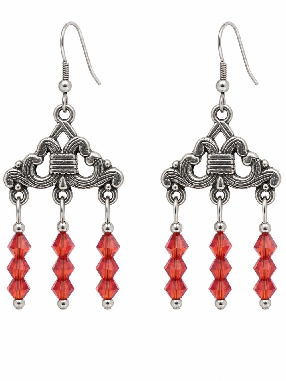 Large Red Aurora Borealis Crystal Bead Dangle Earrings